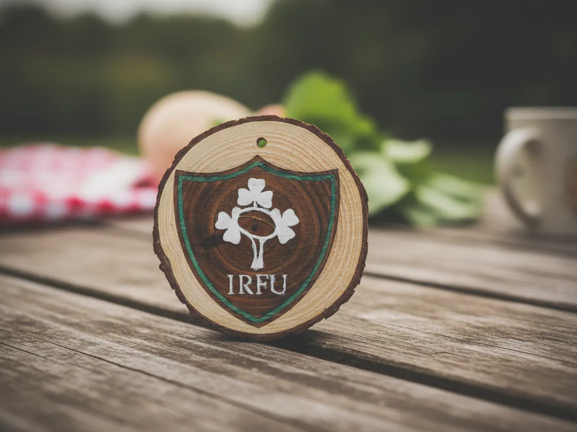 Wooden ornament engraved with a crest and natural bark edge