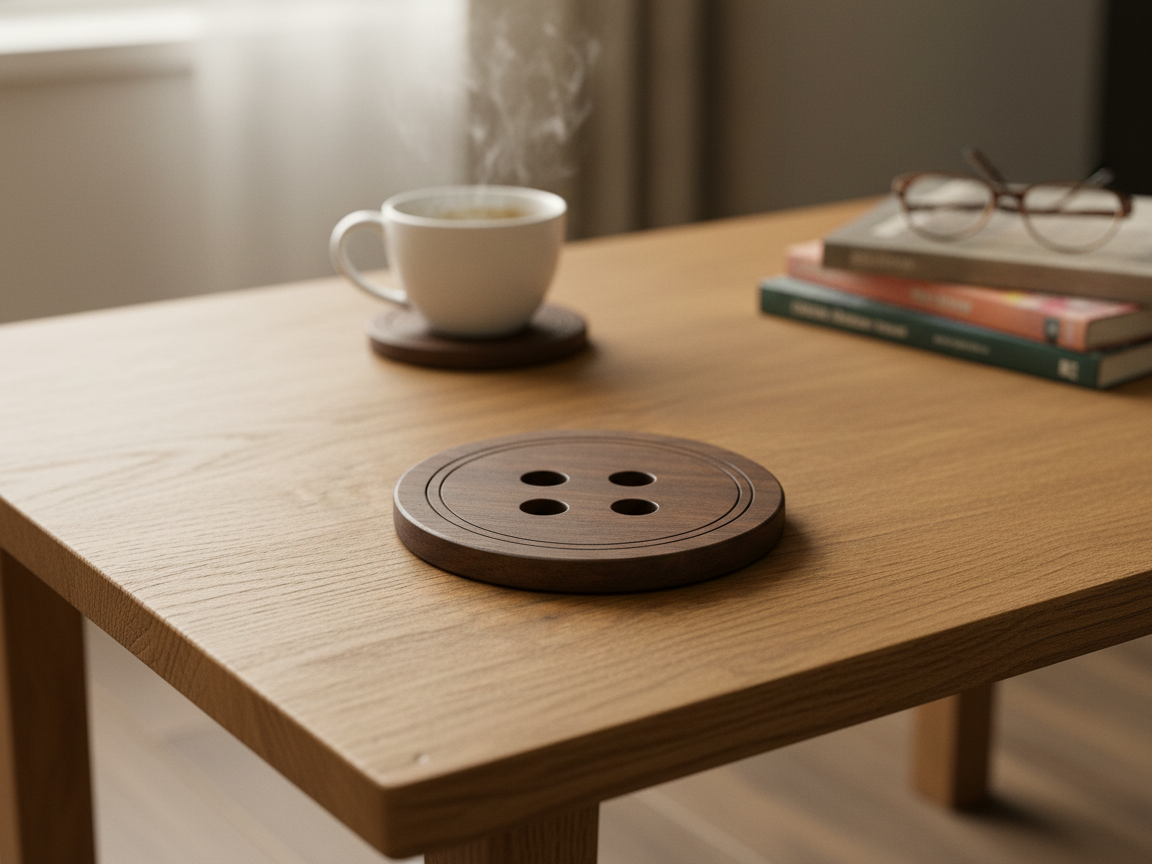 Drink coaster shaped like an oversized four-hole button