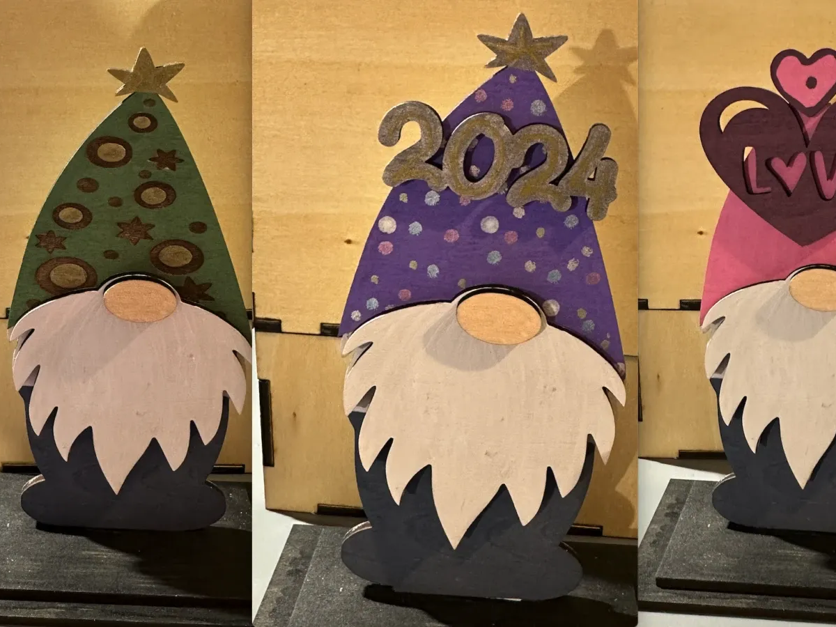 Winter Gnome Shelf Sitter, Interchangeable laser-cut design on a styled shelf