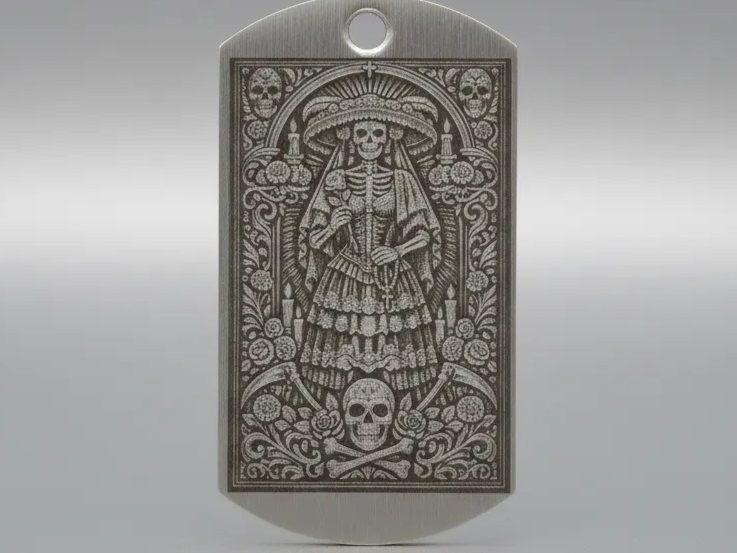 Laser Engraved Skeleton Lady Decorative Metal Keychain sugar skull dia de los muertos design