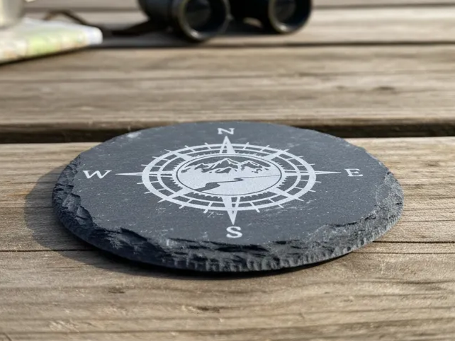 Laser Engraved Slate Compass Coaster with Mountain Design