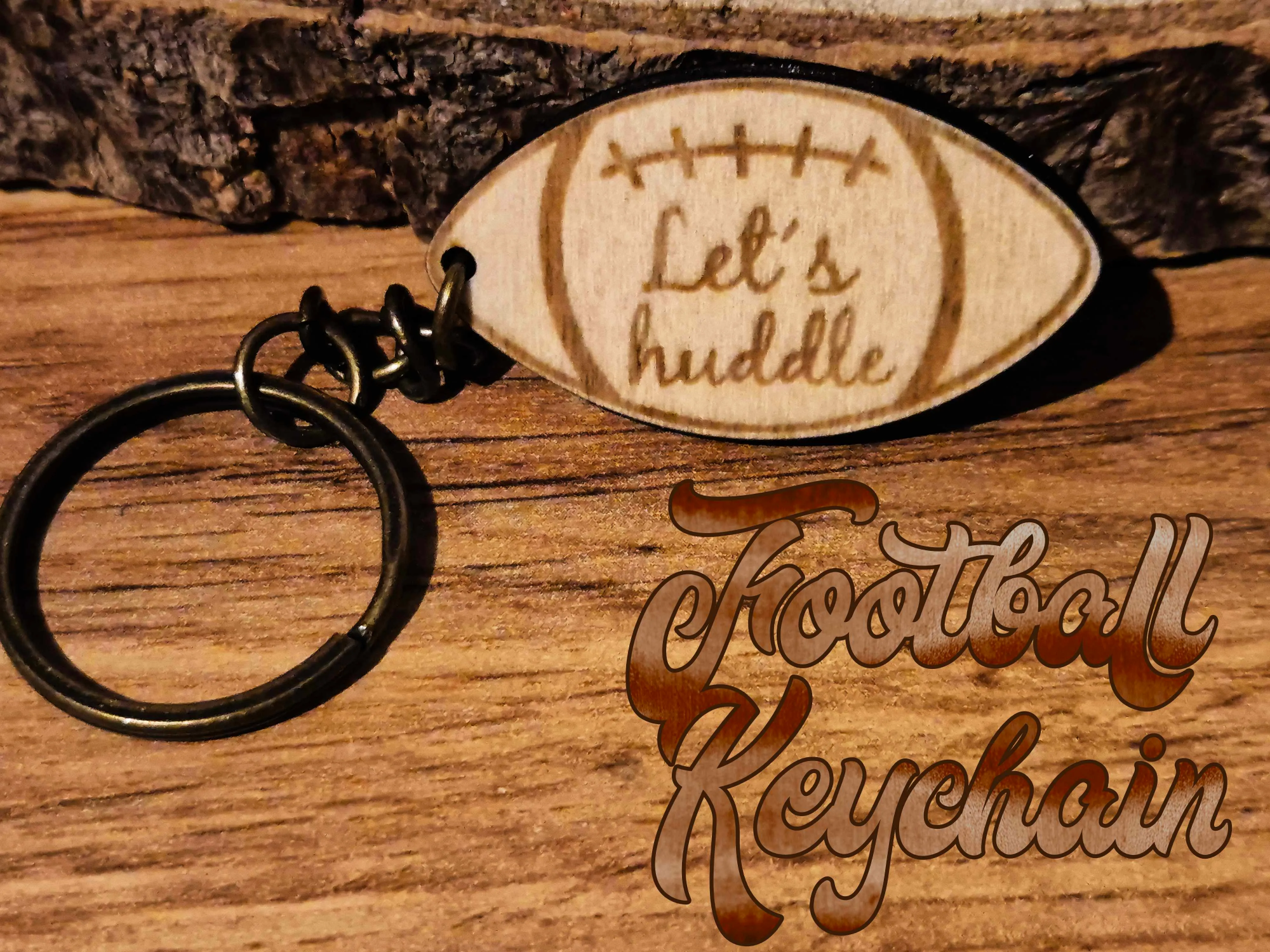 Football keychain with Let's huddle engraving design
