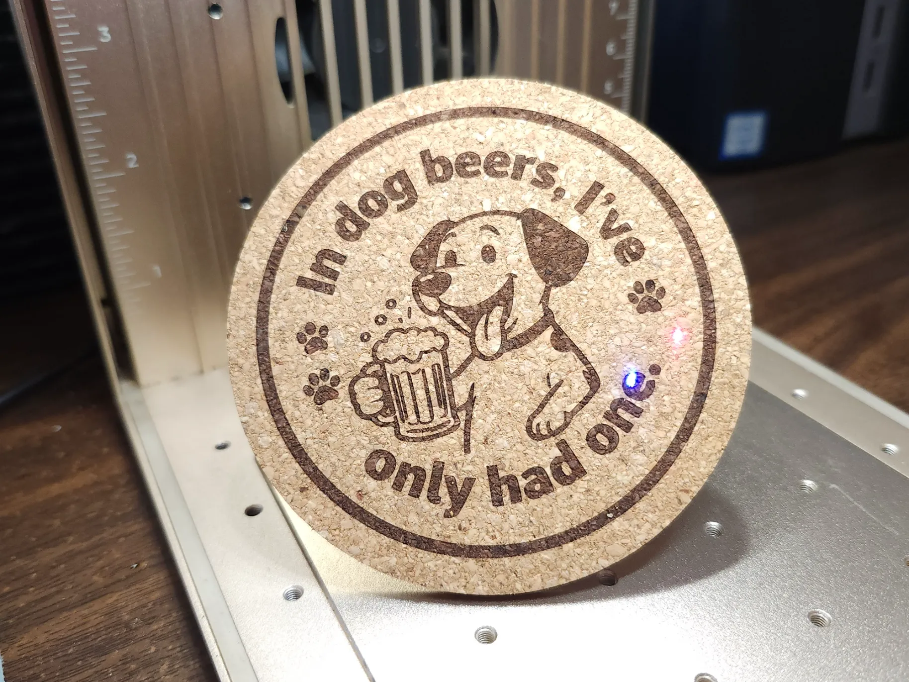 Cork Drink Coaster with Funny Dog and Beer Quote