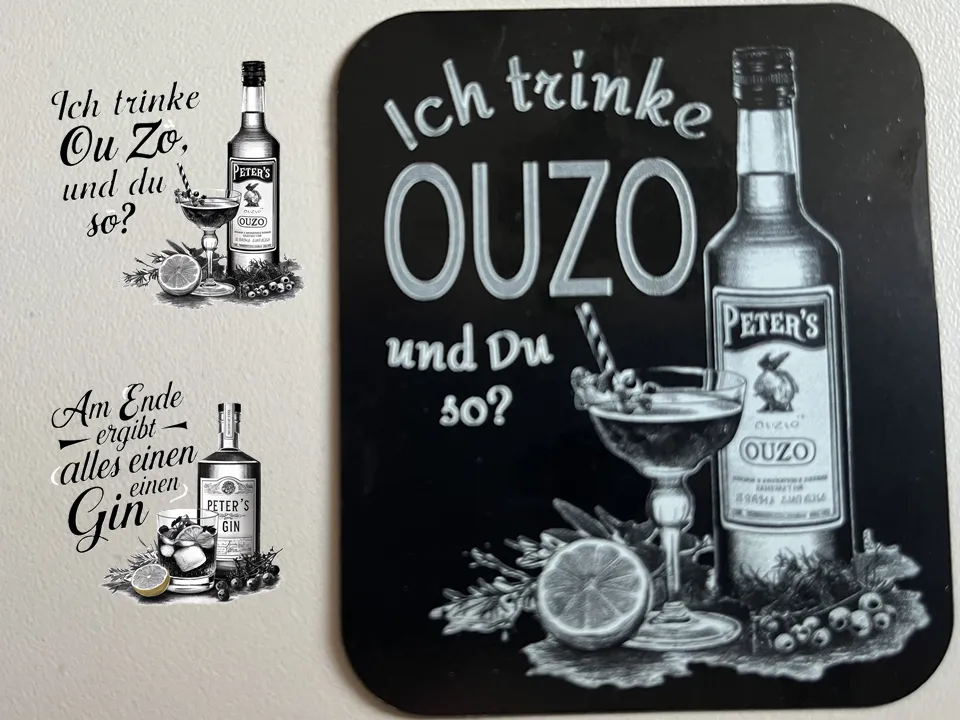 Шаблон для скляних підставок F1 IR Ich trinke Ouzo und du so? Напис Пітера про узо та джин ідея подарунка таємного Санти