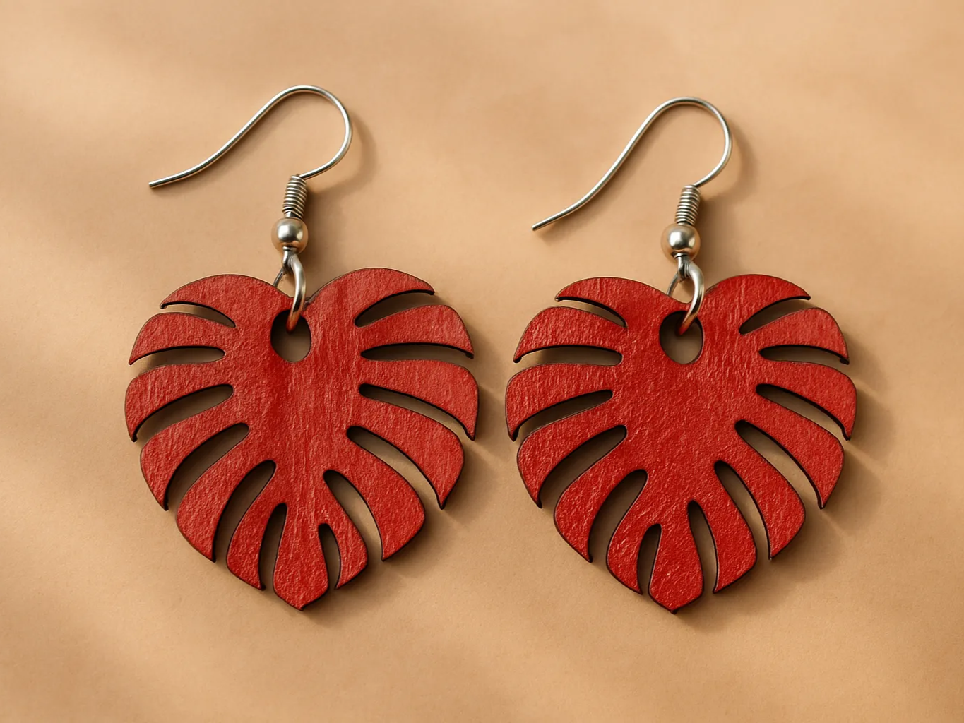 Red Monstera Deliciosa Leaf Earrings gift for her design