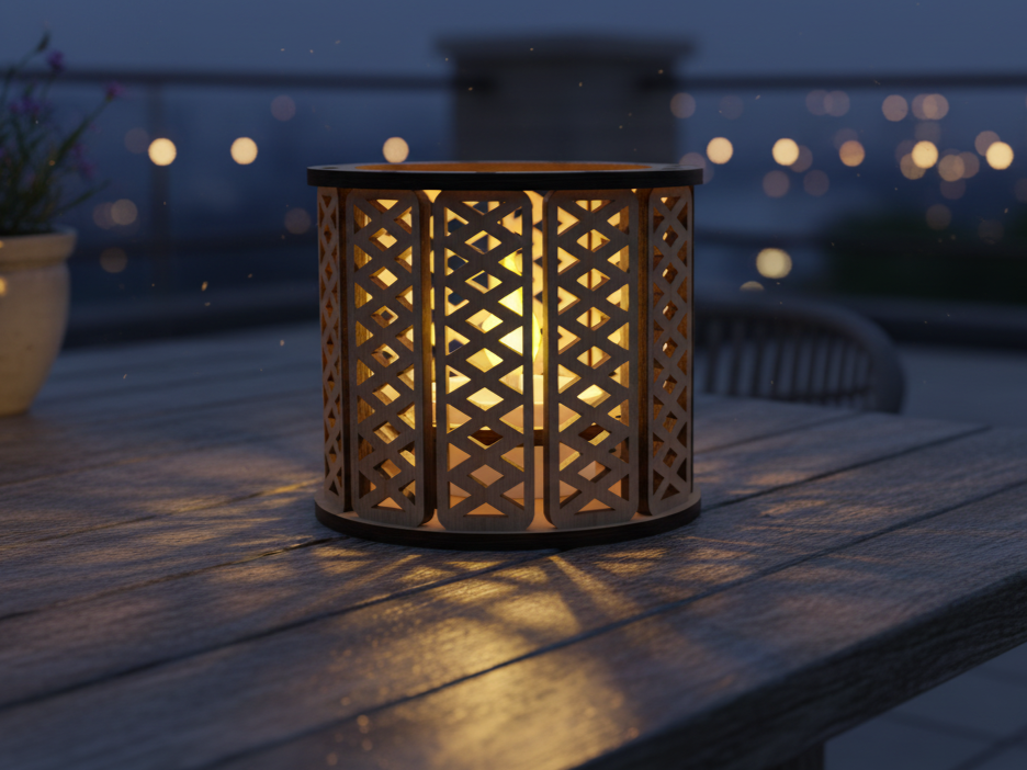 Short plywood tealight holder with diagonal lattice pattern glowing on a table at dusk patio light idea