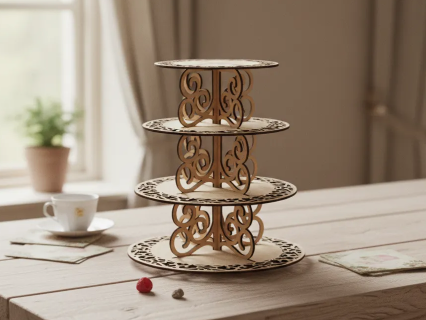Wooden Tiered Cake Stand with Scrollwork laser cut design on a table