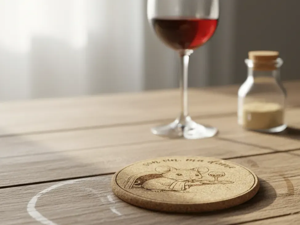 Dessous-de-verre rond en liège gravé d'une souris de dessin animé habillée en serveur portant un verre à vin sur un plateau
