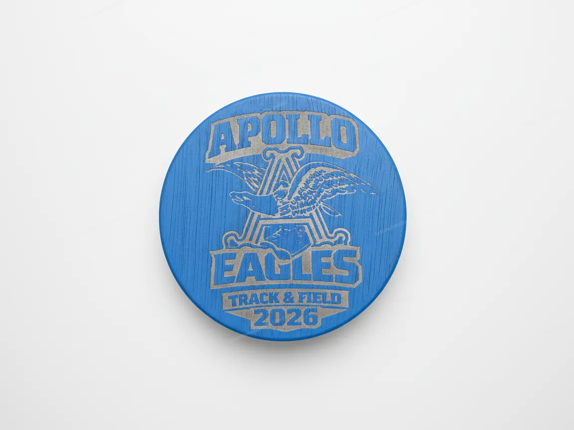 Blue porcelain coaster engraved with a track and field design