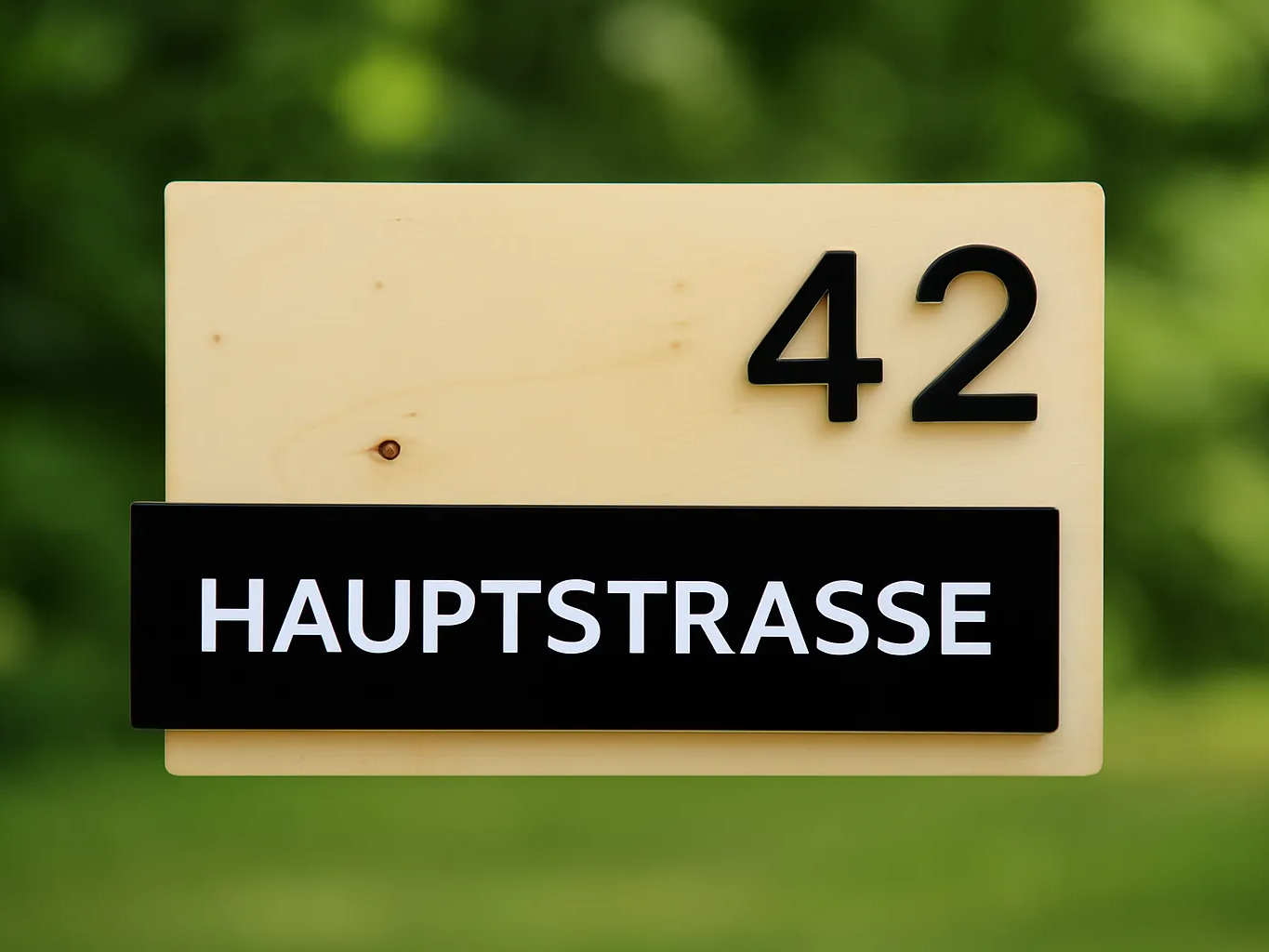 Lasergeschnittenes Hausnummernschild aus Holz mit Straßenname