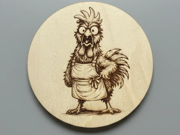 Runder Holzuntersetzer mit graviertem Cartoon-Hahn-Design