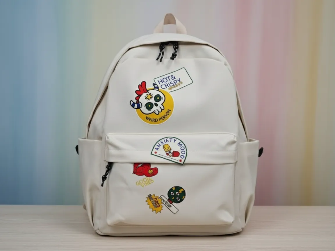 Weißer Rucksack mit bunten Cartoon-Aufnähern