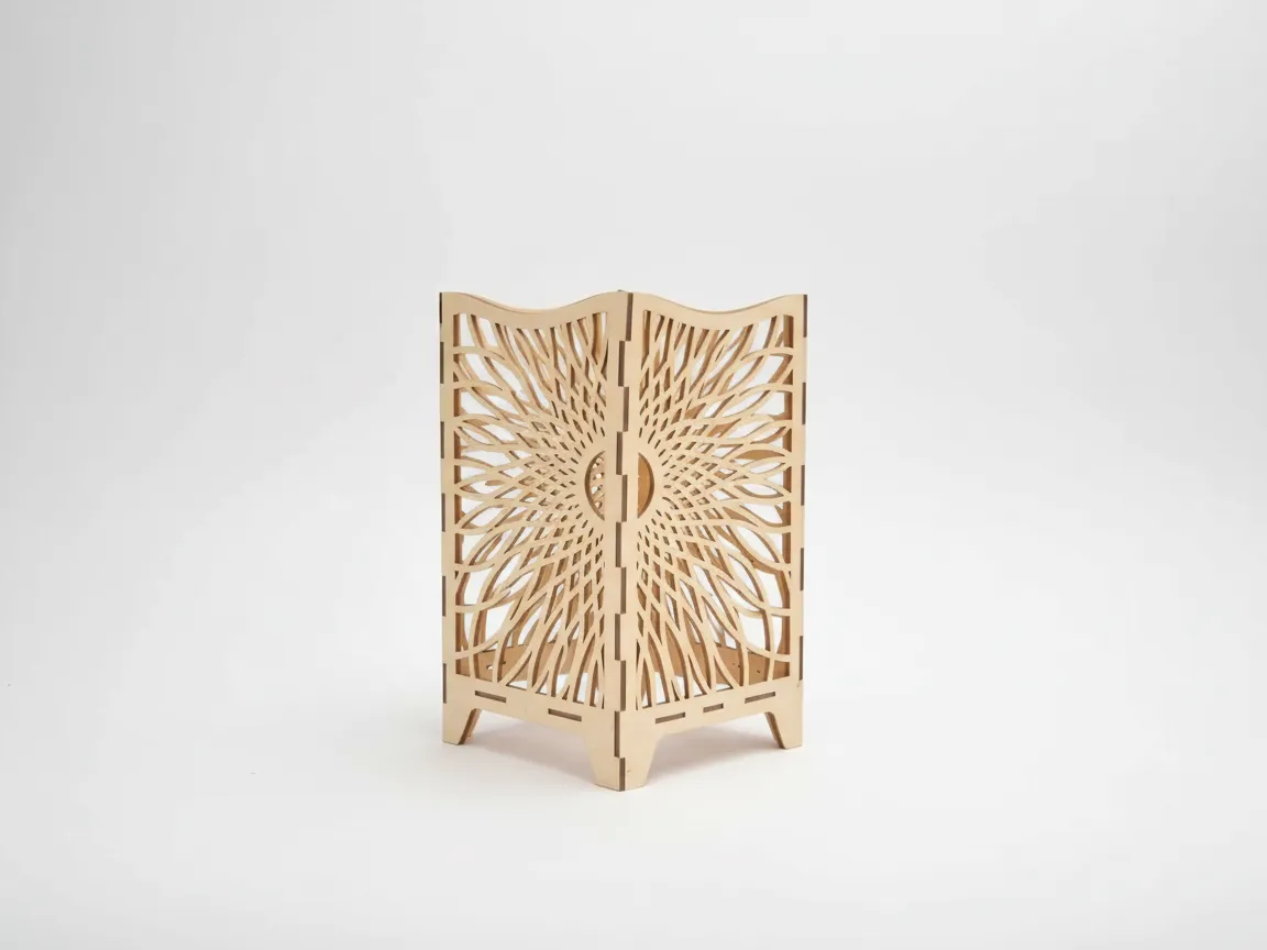 Wooden mandala lantern casting decorative shadow light