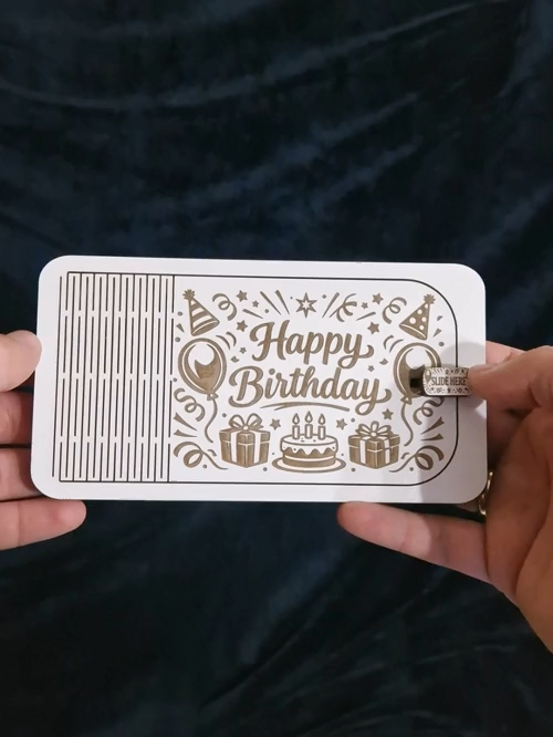 [Laser cut and engrave] Laser Cut Happy Birthday Card with Gift and Cake Design