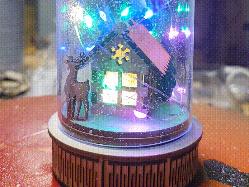 Miniature Woodland Cabin and Deer Christmas Ornament in Pvc Cloche