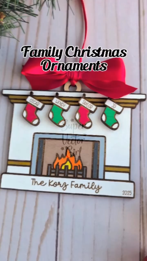 [Laser cut and engrave] Family Fireplace Christmas Ornament with Personalized Stockings (up to 6)