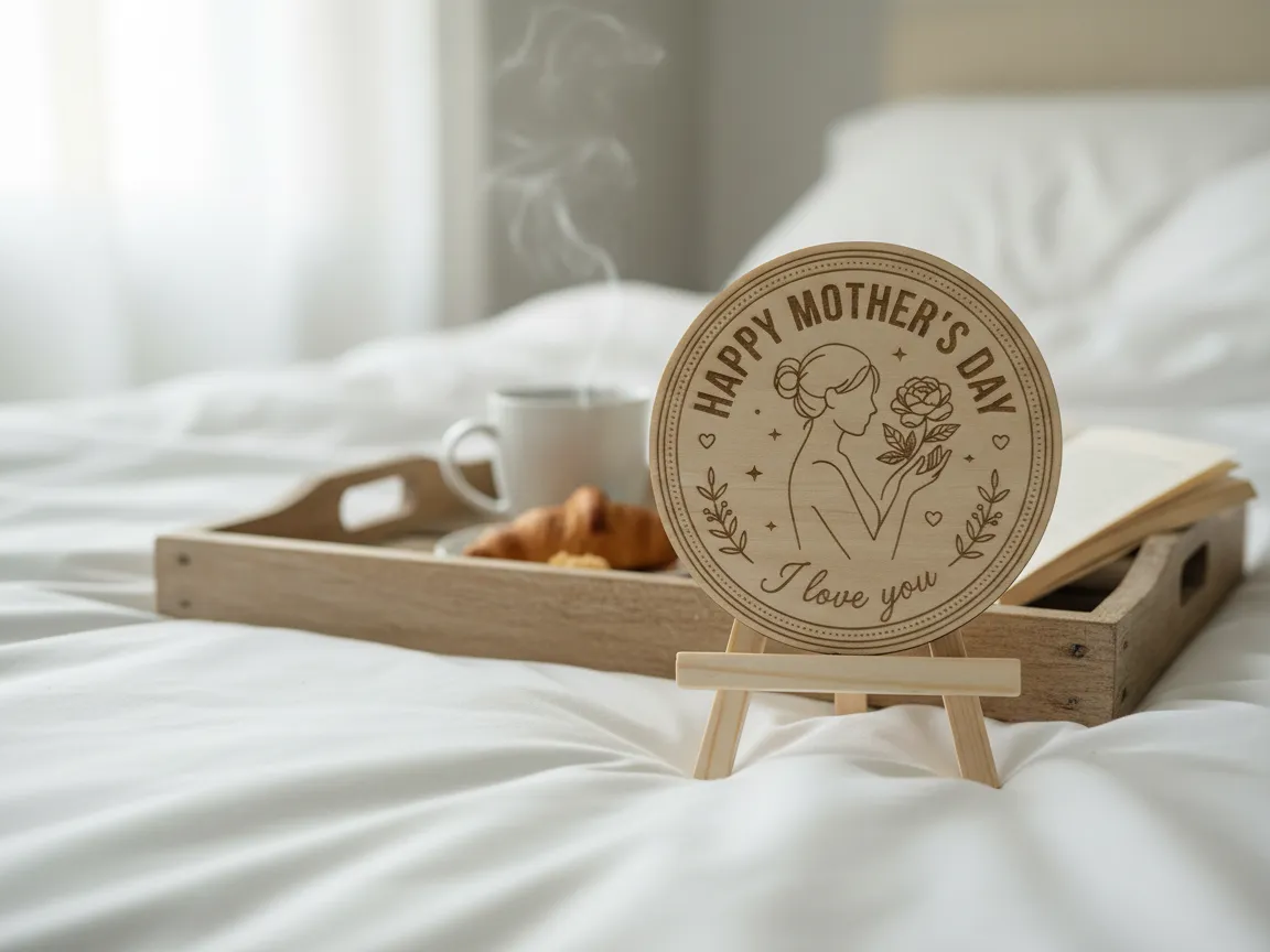 Happy Mother's Day wooden coaster with illustration of a woman and flower paper coasters idea