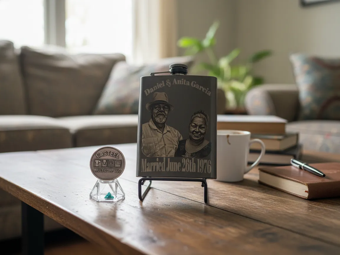 Personalized Anniversary Flask with Couple Portrait and Wedding Date valentines day gift for men design