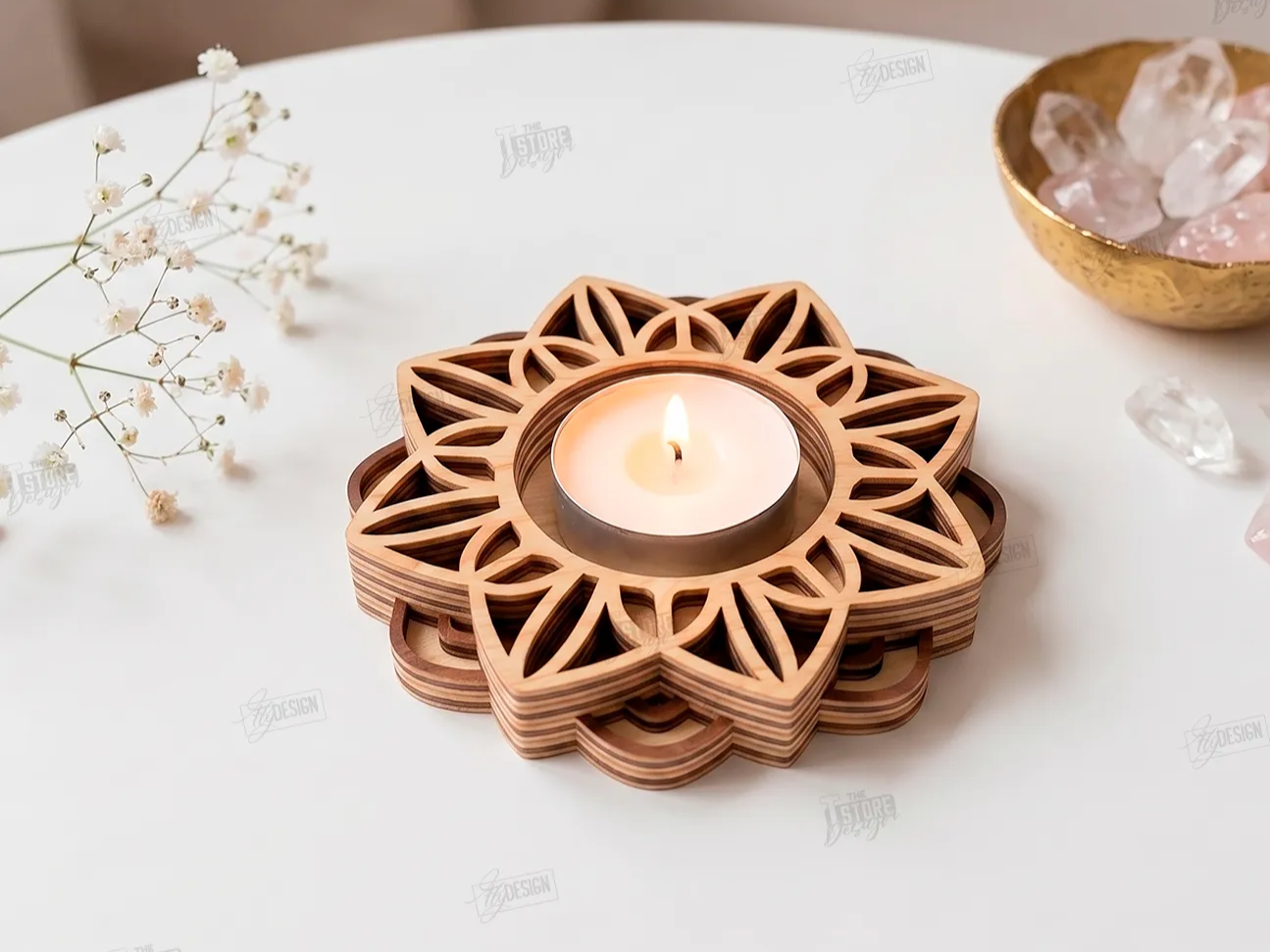 Lotus Flower Tealight Candle Holder laser cut design on a table
