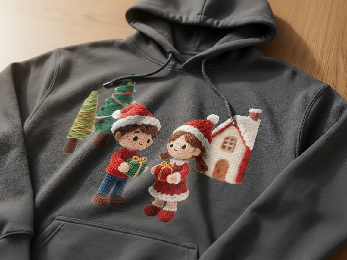 Christmas Crochet Doll Design on a Hoodie crochet-style design