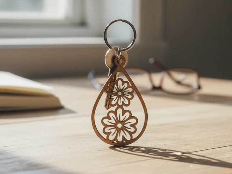 Openwork Wooden Floral Keychain laser cut keychain idea for women
