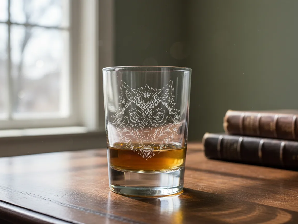 Whiskey Glass Featuring Intricate Celtic Wolf Head Illustration valentines day gift for men design
