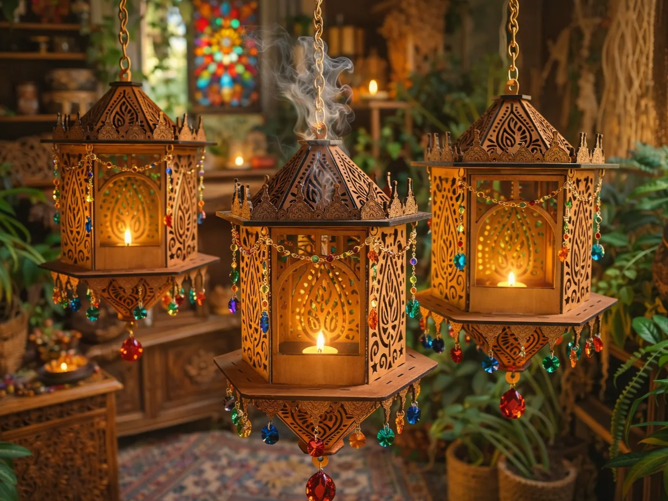 Three ornate boho wooden hanging lanterns with crystal accents and candles patio light idea