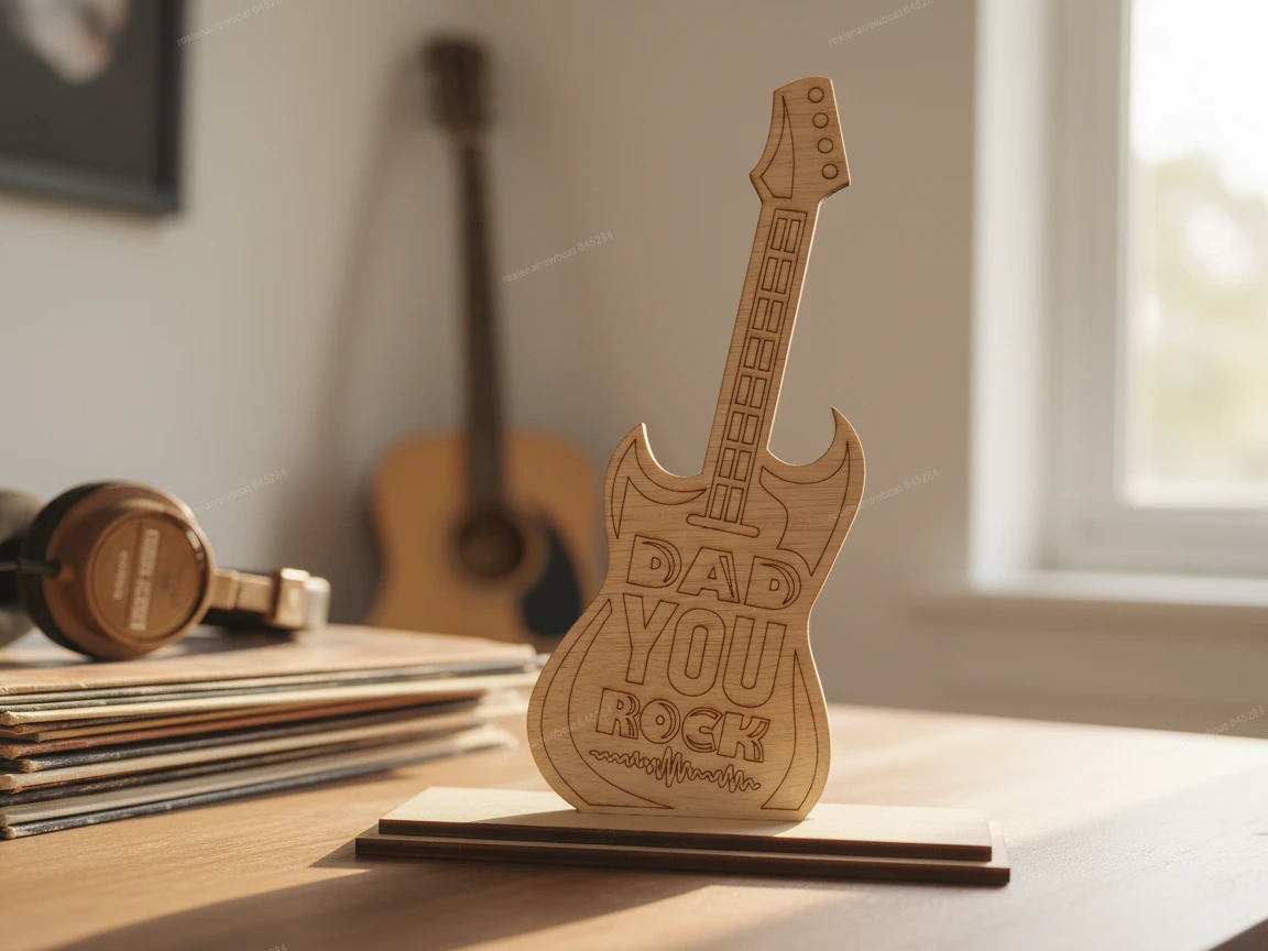 Un letrero de escritorio de madera con forma de guitarra eléctrica que dice Dad You Rock