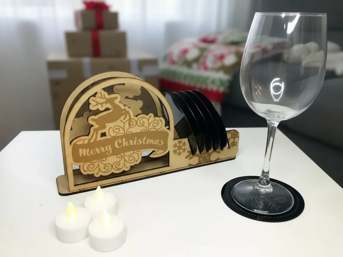 Christmas 2-in-1 Napkin Holder & Coaster Set (6 Illustrated Coasters + Laser Cut Design)
