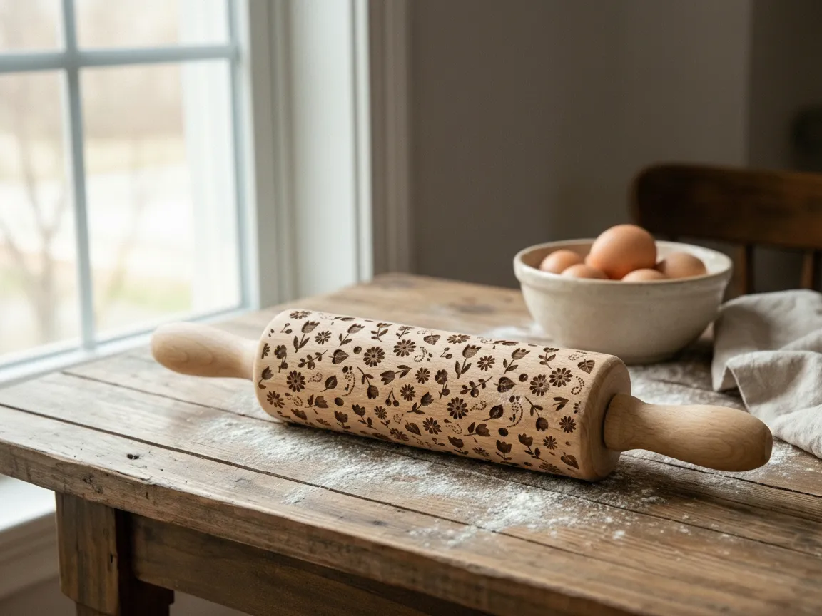 A laser-engraved wooden rolling pin with a folk art floral pattern on a baking table