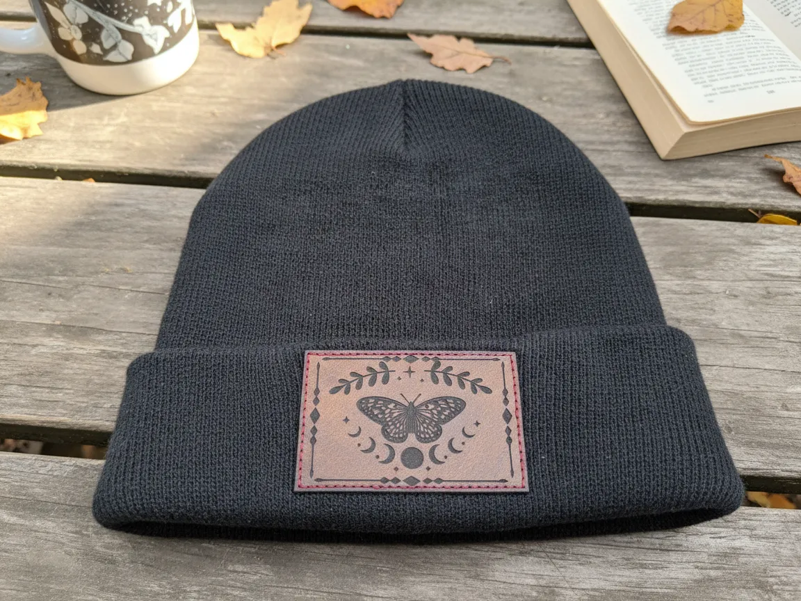 Black knit beanie with a laser-engraved butterfly leather patch