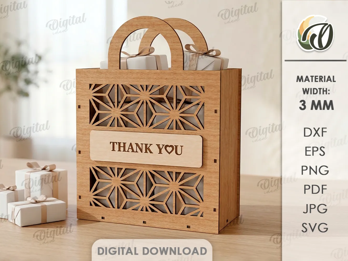 3D Gift bag. Gift holder bag laser cut. Wooden present bag. Thank you svg. Boho gift favor bag. Geometrical pattern