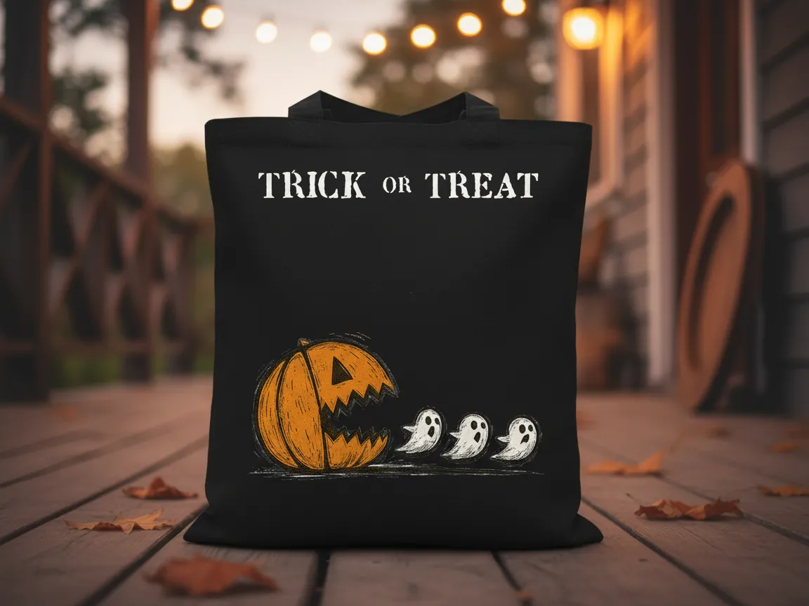 Borsa tote nera di Halloween con zucca che gioca a Pac-Man con i fantasmi - vero progetto zucca Atomm