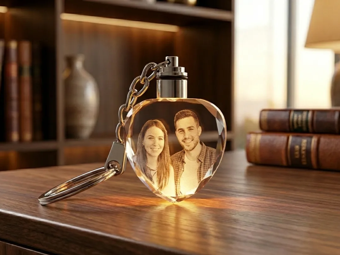Custom Couple Portrait LED Heart Crystal Keychain personalized photo gift design