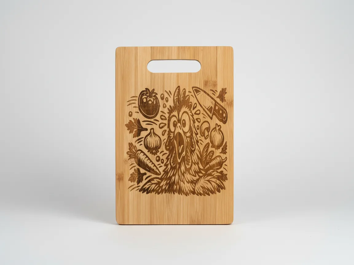 Bamboo Cutting Board with Surprised Chicken and Vegetable Illustration cutting board design