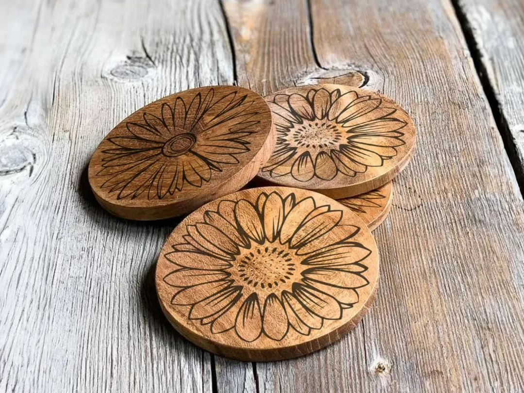 Laser cut flower shaped drink coasters