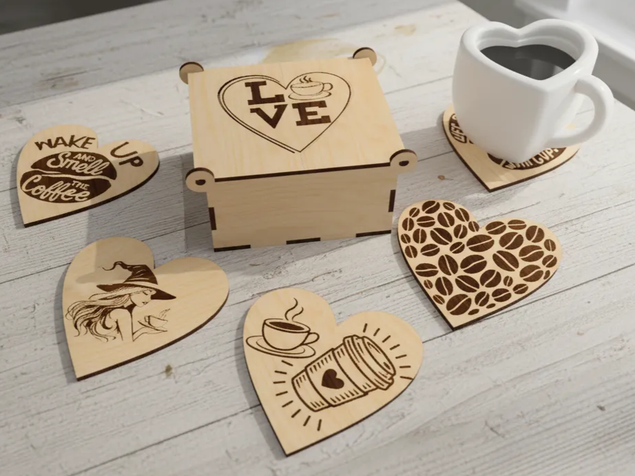 Laser Cut Wooden Heart-Shaped Coffee Coasters with Storage Box