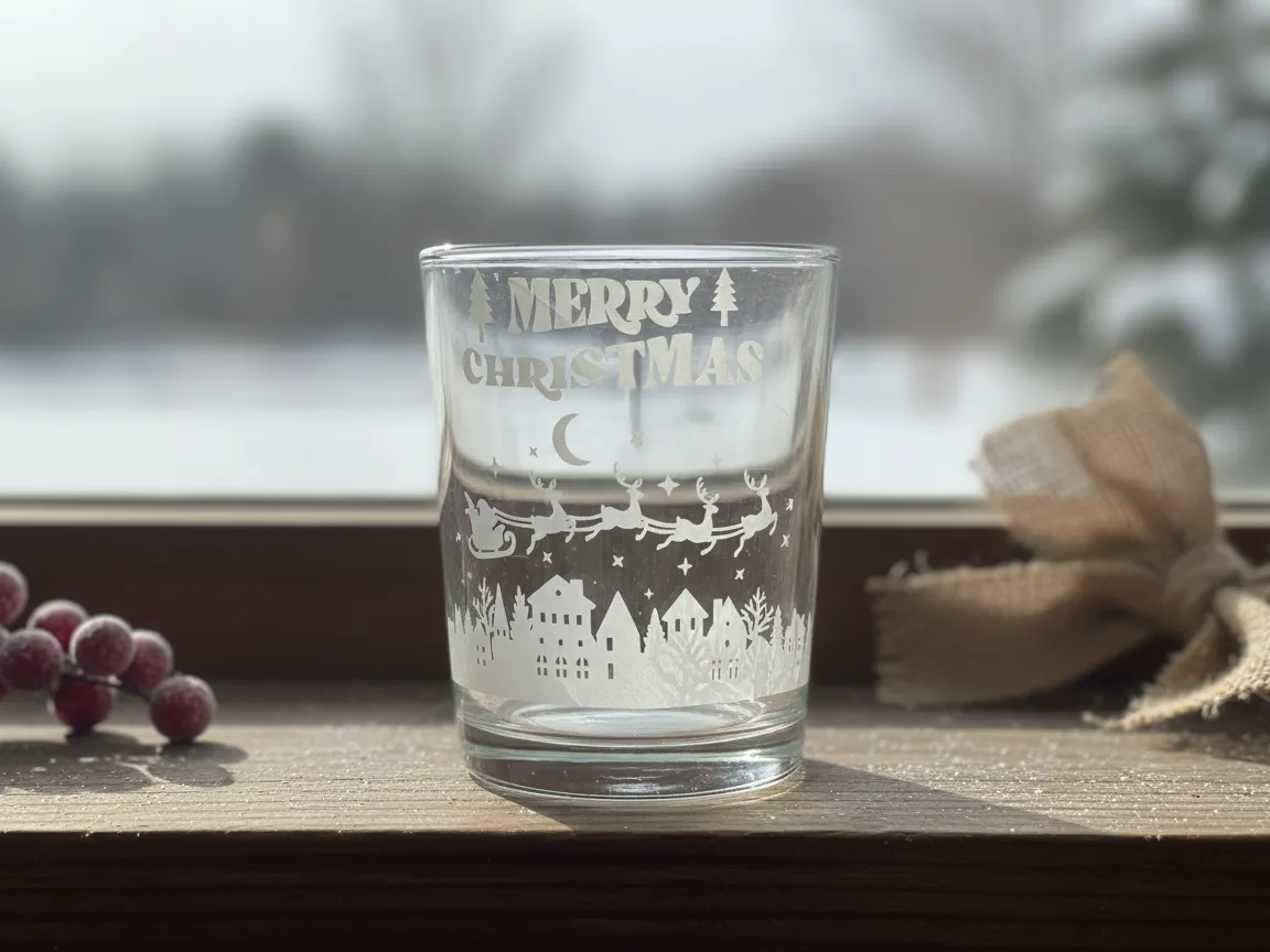 Graviertes Glas-Kerzenhalter „Merry Christmas“ mit Design von Santas Schlitten Weihnachts-Geschenkkorb-Idee