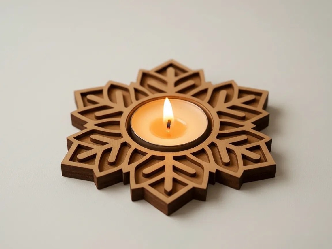 Laser cut wooden snowflake candle holder with a tea light glowing