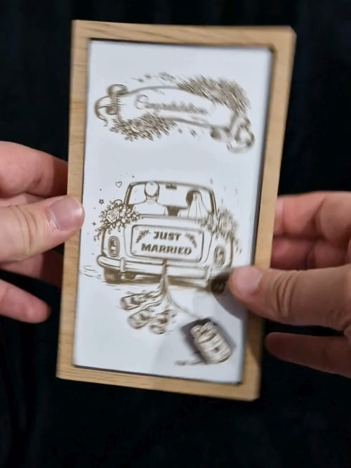 [Laser cut and engrave] Laser Engraved Just Married Congratulations Card with Pull Tab