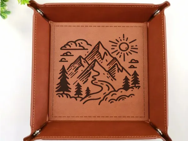 Leather Valet Tray with Laser Engraved Mountain Design dad birthday gift idea