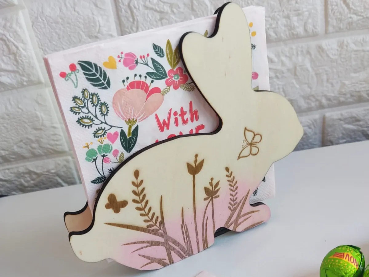 Rabbit Napkin Holder laser cut design on a table