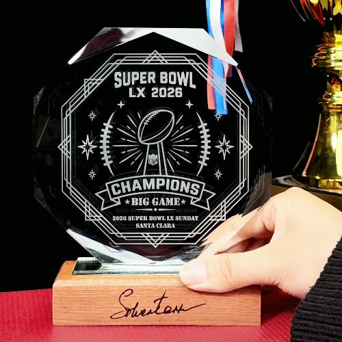 [Laser cut and engrave] Laser Engraved Super Bowl LX 2026 Champions Trophy with Wooden Base