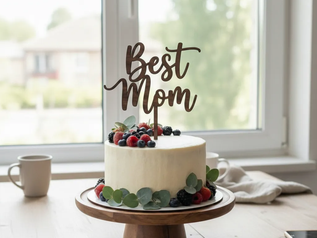 Best Mom wooden cake topper