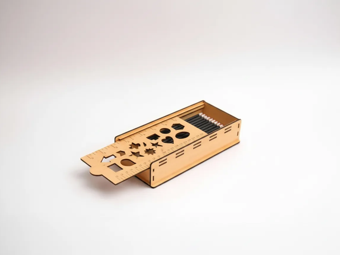 Kids wooden pencil case box with stencil ruler, school gift idea