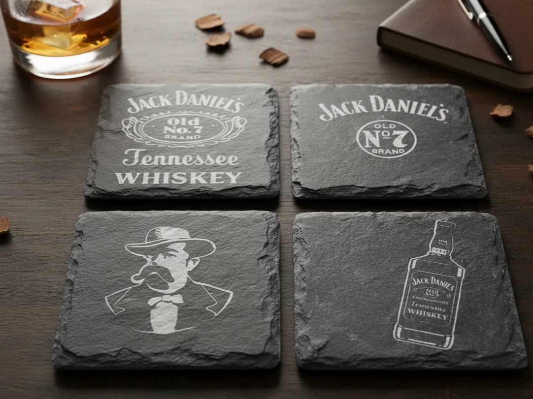 Jack Daniels Graphics Engraved Slate Whiskey Coaster Set