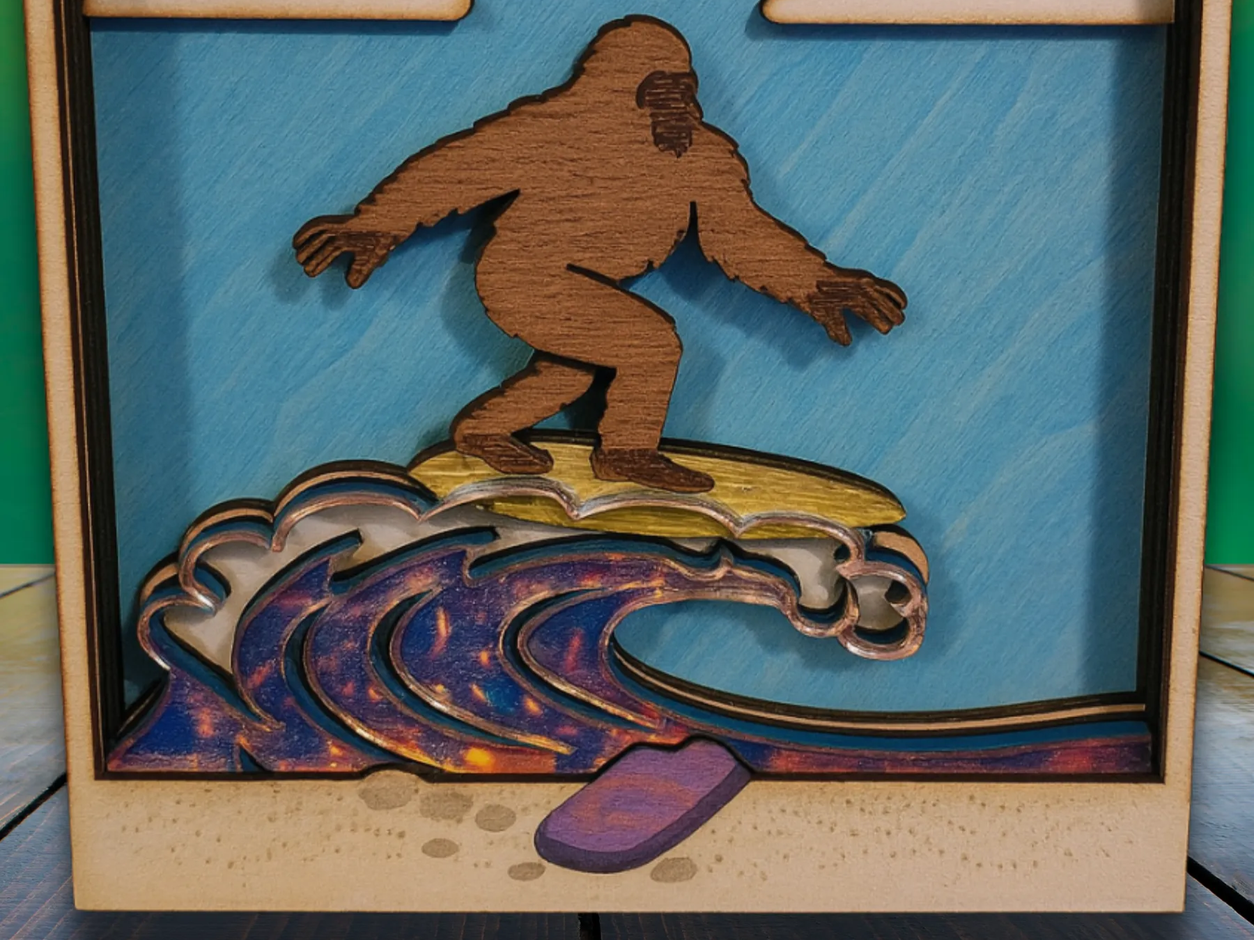 Bigfoot Rides the Wave – Layered Surfing Shadowbox Art laser cut summer decor design