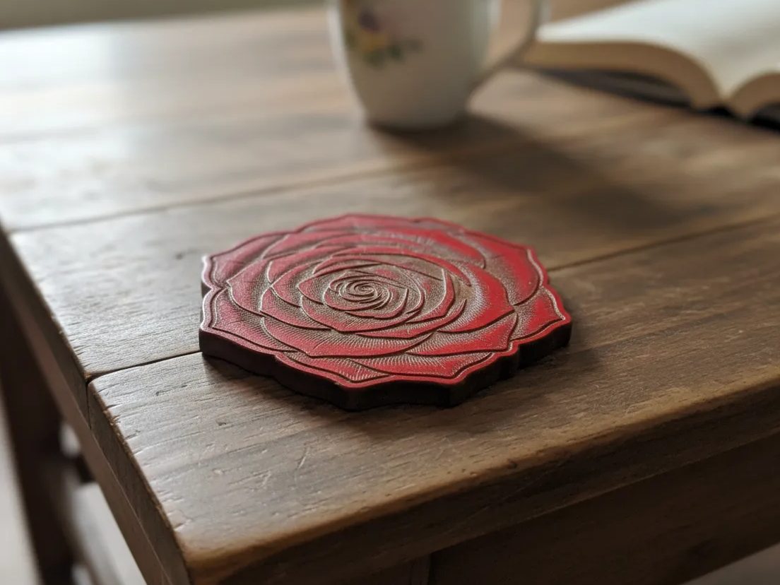 Drink coaster cut and engraved into a red rose silhouette on leather