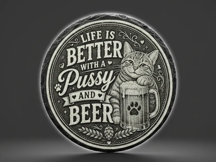 Coaster engraved with a cat illustration and beer-themed caption
