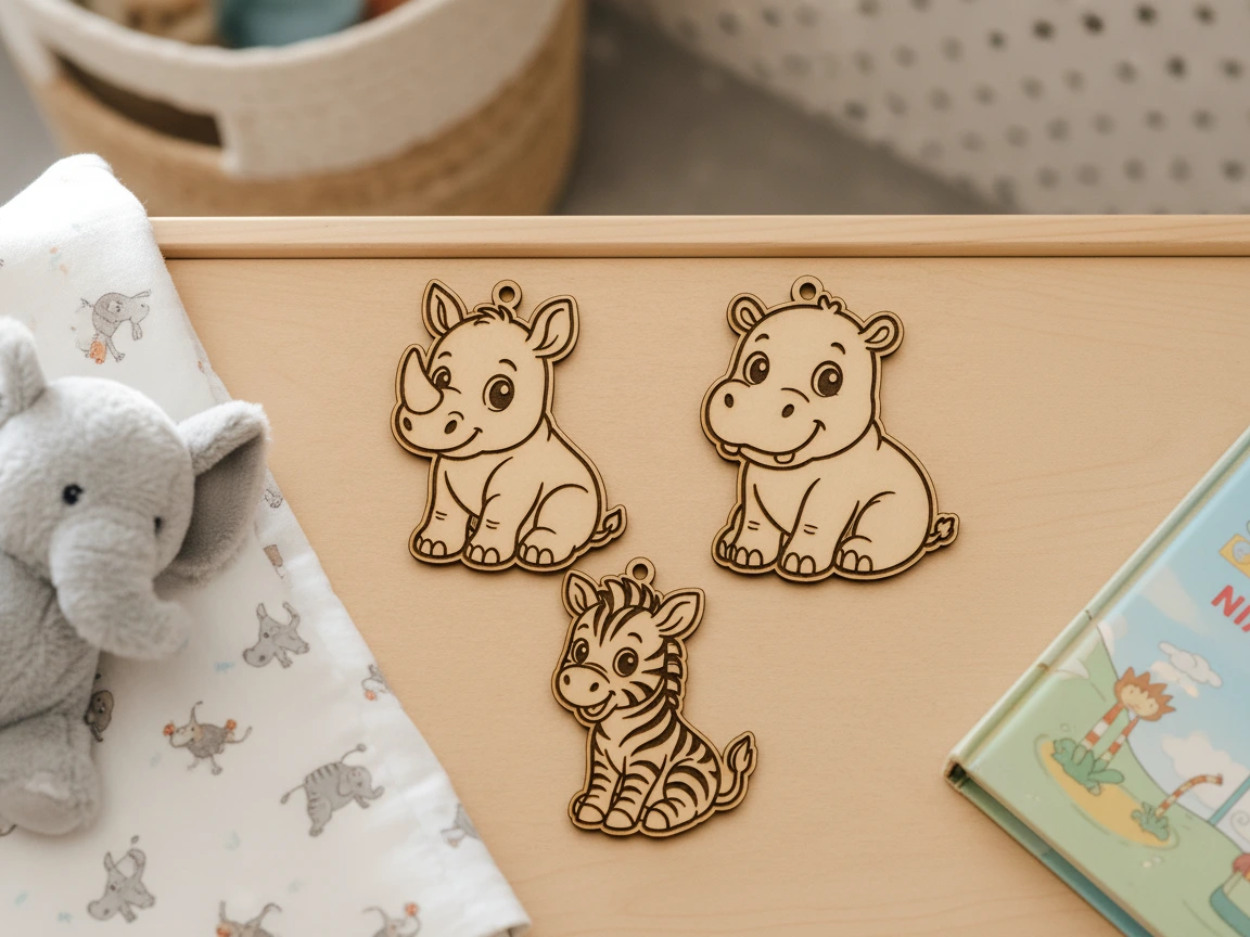 Bezauberndes Holz-Schlüsselanhänger-Set mit Nashorn, Nilpferd und Zebra, lasergravierte süße Tiermotive, lustige Accessoires für Schlüssel oder Rucksäcke
